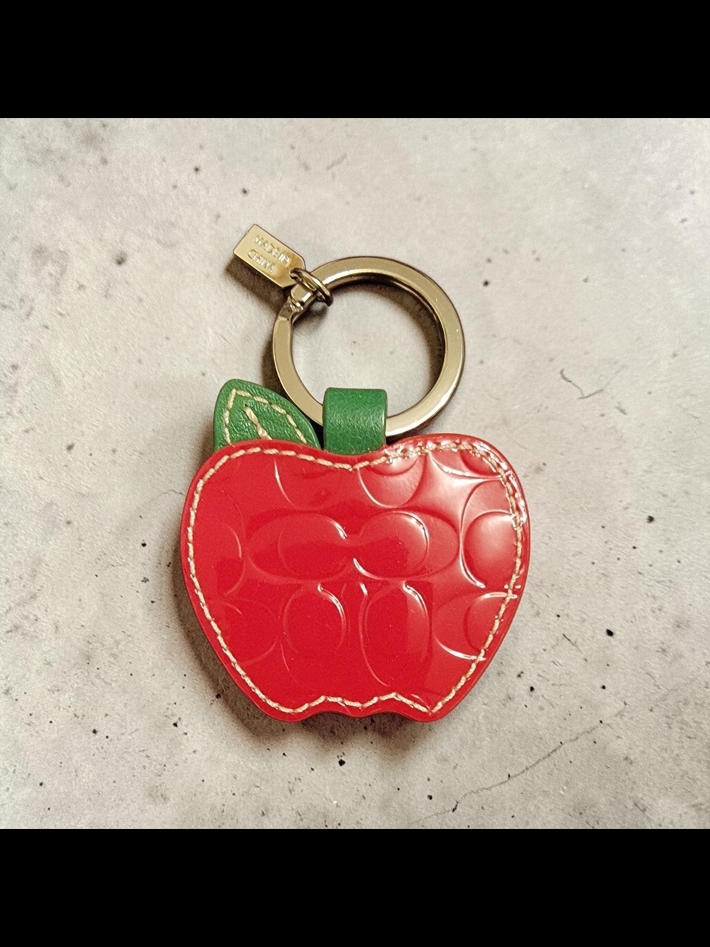 Coach Red Apple Signature Leather Key Ring with Green Leaf